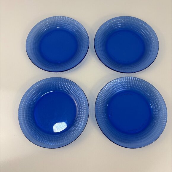 Set Of 4 Forte Crisa Vintage Cobalt Blue Glass Salad/Dessert Plates Waffle - Picture 1 of 7